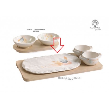 Bomboniera Matrimonio Set Tagliere e 2 Ciotoline Porcellana Su Vassoio Legno Con Box