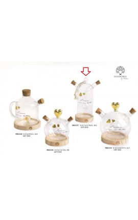 Bomboniera Matrimonio Oliera Vetro Su Base Legno Con Cuori Oro Con Box