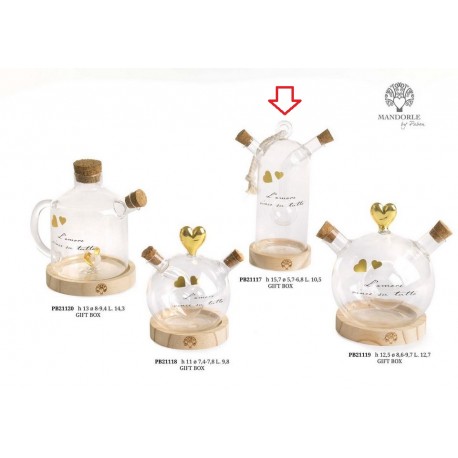 Bomboniera Matrimonio Oliera Vetro Su Base Legno Con Cuori Oro Con Box