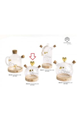 Bomboniera Matrimonio Oliera Tonda Vetro Su Base Legno Con Cuori Oro Con Box