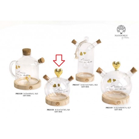 Bomboniera Matrimonio Oliera Tonda Vetro Su Base Legno Con Cuori Oro Con Box