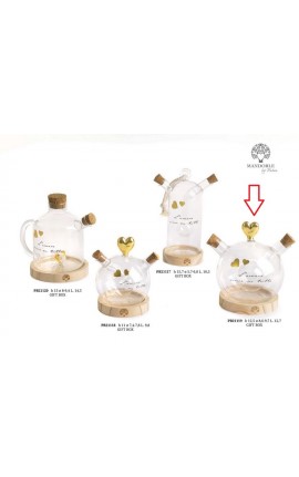 Bomboniera Matrimonio Oliera Tonda Vetro Su Base Legno Con Cuori Oro Con Box