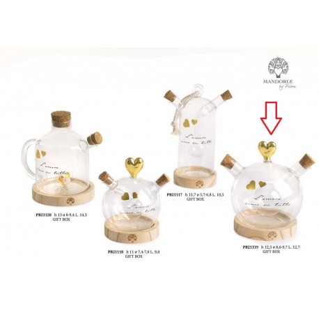 Bomboniera Matrimonio Oliera Tonda Vetro Su Base Legno Con Cuori Oro Con Box