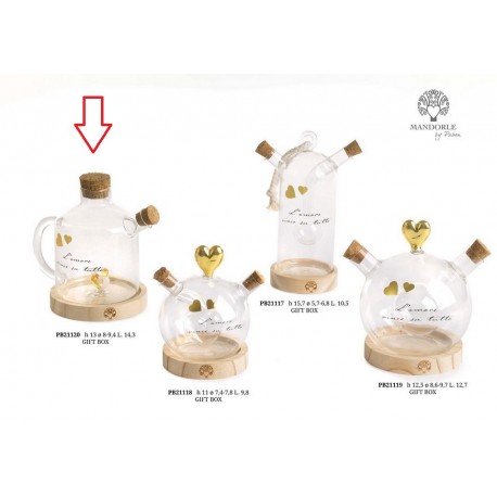 Bomboniera Matrimonio Oliera  Vetro Su Base Legno Con Coppia Sposi Con Box