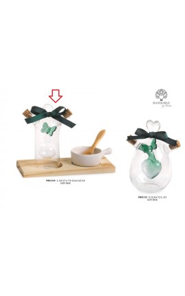 Bomboniera Matrimonio Set Olio e Aceto Sale Vetro Porcellana Legno Con Farfalla Verde Con Box