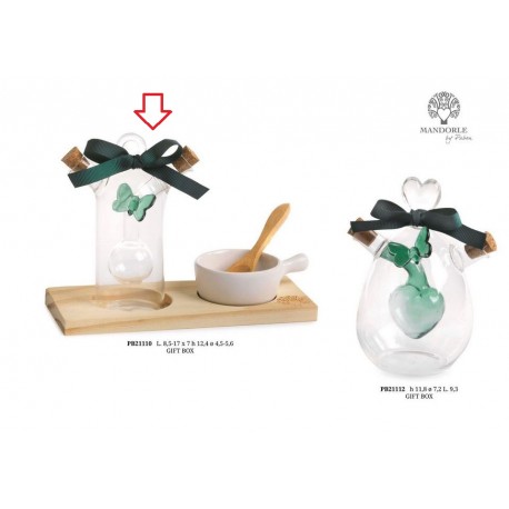 Bomboniera Matrimonio Set Olio e Aceto Sale Vetro Porcellana Legno Con Farfalla Verde Con Box