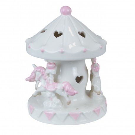 Bomboniera Battesimo Compleanno Giostrina Porcellana Led Con Cavallucci Rosa