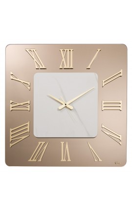 Orologio da parete specchio bronzo e marmo con angoli tondi e numeri romani in oro