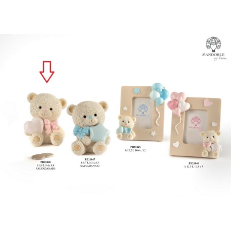 Bomboniera Battesimo Salvadanaio Orsetto con Cuore Rosa