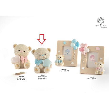 Bomboniera Battesimo Salvadanaio Orsetto con Cuore Celeste