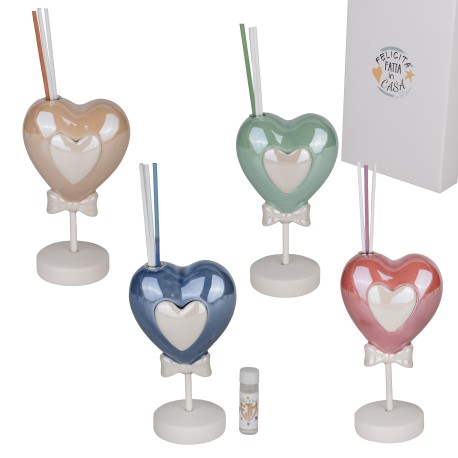 Bomboniera Nascita Battesimo Compleanno Profumatore Diffusore Cuore Porcellana 4 Colori Assortiti Con Box