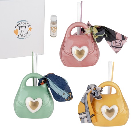 Bomboniera Nascita Battesimo Compleanno Profumatore Diffusore Borsetta Porcellana 3 Colori Assortiti con Box