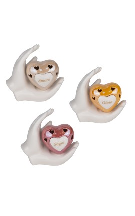 Bomboniera Matrimonio Comunione Mani Cuore Led Porcellana 3 Assortiti h.13 Cm