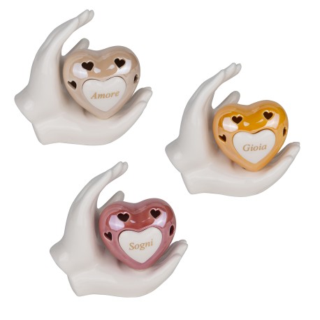 Bomboniera Matrimonio Comunione Mani Cuore Led Porcellana 3 Assortiti h.13 Cm