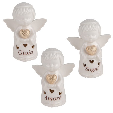 Bomboniera Battesimo Comunione Angelo Angioletto Porcellana Led Bianco 3 Assortiti