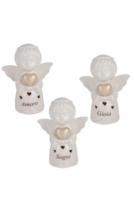 Bomboniera Battesimo Comunione Angelo Angioletto Porcellana Led Bianco 3 Assortiti h.18 Cm