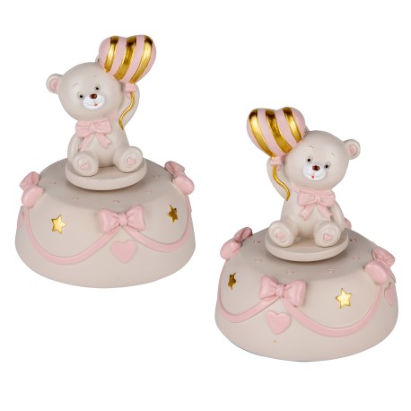 Bomboniera Battesimo Nascita Compleanno Carillon Orsetto Rosa 2 Assortiti