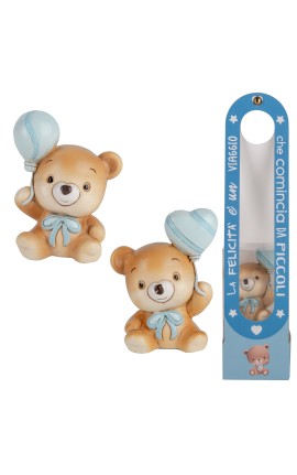 Bomboniera Battesimo Nascita Compleanno Orsetto Con Palloncino Celeste 2 Assortiti Con Gift Box