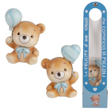 Bomboniera Battesimo Nascita Compleanno Orsetto Con Palloncino Celeste 2 Assortiti Con Gift Box