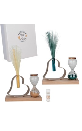 Bomboniera Matrimonio Compleanno Comunione Profumatore Diffusore Clessidra Cuore Metallo e Legno 2 Colori Assortiti Con Box