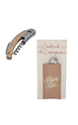 Bomboniera Matrimonio Cavatappi Apribottiglie Legno e Metallo Con Pocket in Panno