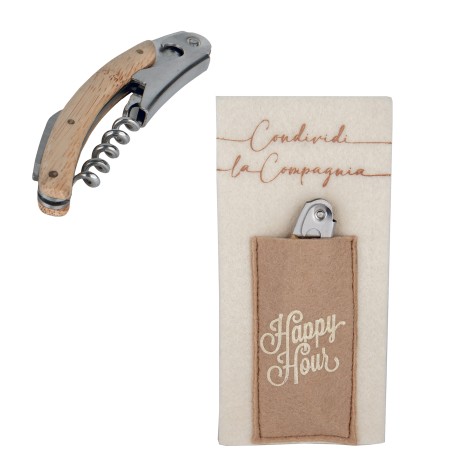 Bomboniera Matrimonio Cavatappi Apribottiglie Legno e Metallo Con Pocket in Panno
