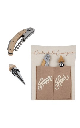 Bomboniera Matrimonio Set Vino Cavatappi Apribottiglie e Tappo Legno e Metallo Con Pocket in Panno