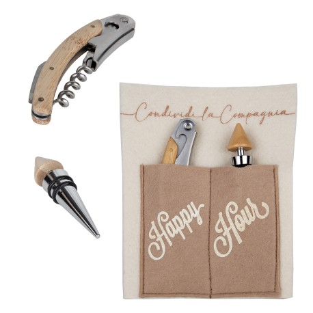 Bomboniera Matrimonio Set Vino Cavatappi Apribottiglie e Tappo Legno e Metallo Con Pocket in Panno