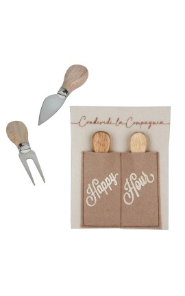 Bomboniera Matrimonio Set 2 Pezzi Formaggio Legno e Metallo Con Pocket in Panno
