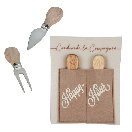 Bomboniera Matrimonio Set 2 Pezzi Formaggio Legno e Metallo Con Pocket in Panno