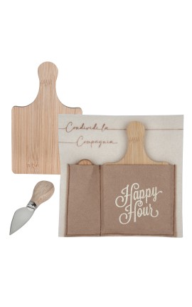 Bomboniera Matrimonio Set 2 Pezzi Formaggio Tagliere e Coltellino Legno e Metallo Con Pocket in Panno