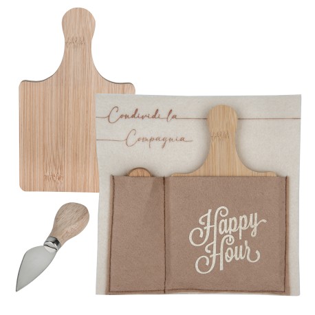 Bomboniera Matrimonio Set 2 Pezzi Formaggio Tagliere e Coltellino Legno e Metallo Con Pocket in Panno