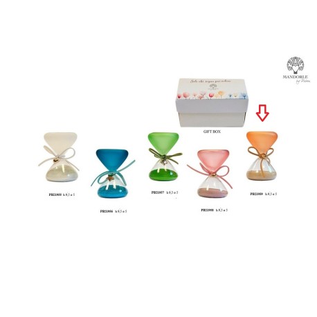 Bomboniera Comunione Compleanno Clessidra Arancione Con Cuore Oro h.9,5 Cm Con Box