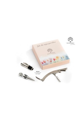 Bomboniera Matrimonio Set Vino  3 Pz Apribottiglie Tappo Metallo Con Box