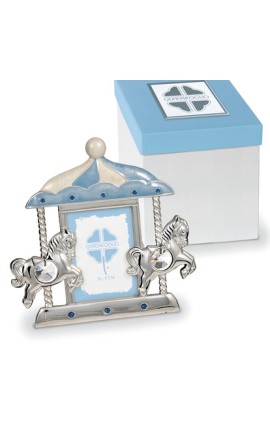 Bomboniera Solidale Battesimo Portafoto Cavalluccio Cavallo Argento e Celeste Con Box