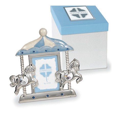 Bomboniera Solidale Battesimo Portafoto Cavalluccio Cavallo Argento e Celeste Con Box