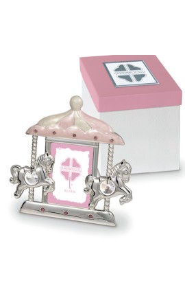 Bomboniera Solidale Battesimo Portafoto Cavalluccio Cavallo Argento e Rosa Con Box