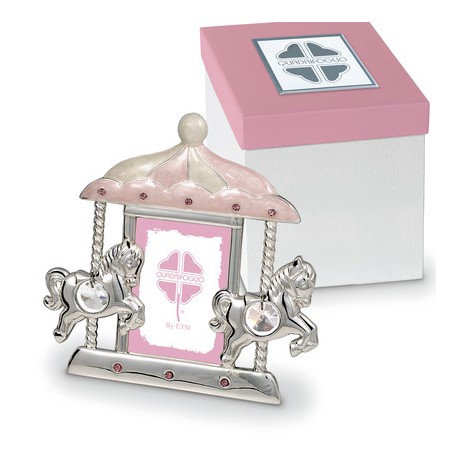 Bomboniera Solidale Battesimo Portafoto Cavalluccio Cavallo Argento e Rosa Con Box