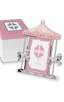 Bomboniera Solidale Battesimo Portafoto Cavalluccio Cavallo Argento e Rosa 19x24 Cm Con Box