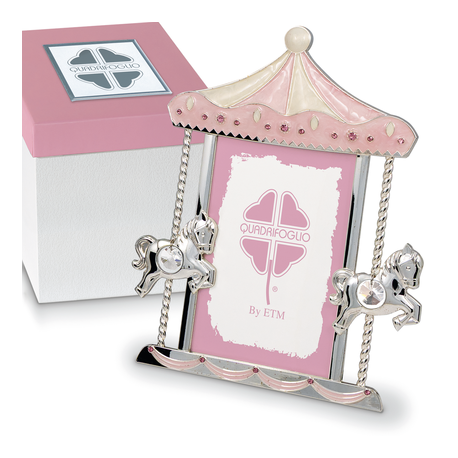 Bomboniera Solidale Battesimo Portafoto Cavalluccio Cavallo Argento e Rosa 19x24 Cm Con Box