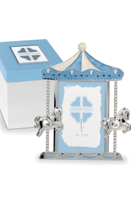 Bomboniera Solidale Battesimo Portafoto Cavalluccio Cavallo Argento e Celeste 19x24 Cm Con Box