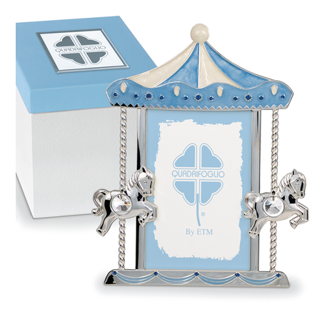 Bomboniera Solidale Battesimo Portafoto Cavalluccio Cavallo Argento e Celeste 19x24 Cm Con Box