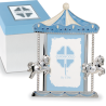 Bomboniera Solidale Battesimo Portafoto Cavalluccio Cavallo Argento e Celeste 19x24 Cm Con Box