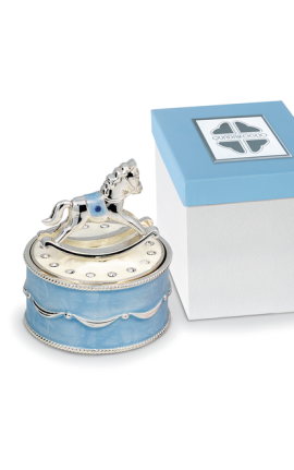Bomboniera Solidale Battesimo Carillon Cavalluccio Cavallo Argento e Celeste  Con Box