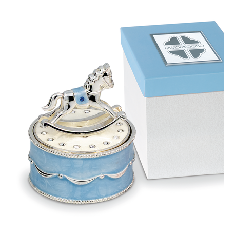 Bomboniera Solidale Battesimo Carillon Cavalluccio Cavallo Argento e Celeste  Con Box
