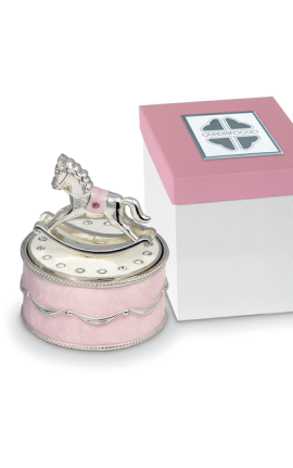 Bomboniera Solidale Battesimo Carillon Cavalluccio Cavallo Argento e Rosa Con Box