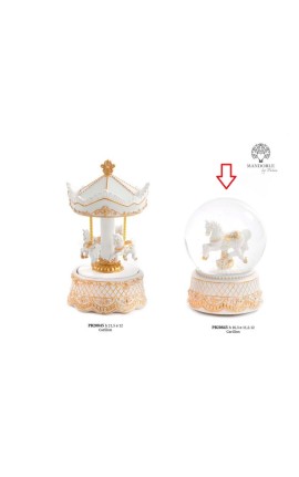 Bomboniera Battesimo Carillon Globo Palla di Neve Cavalluccio Da Giostra Cavallo Bianco e Oro