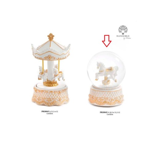 Bomboniera Battesimo Carillon Globo Palla di Neve Cavalluccio Da Giostra Cavallo Bianco e Oro