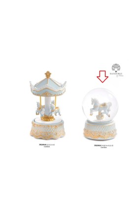 Bomboniera Battesimo Carillon Globo Palla di Neve Cavalluccio Da Giostra Cavallo Celeste e Oro