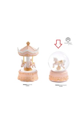 Bomboniera Battesimo Carillon Globo Palla di Neve Cavalluccio Da Giostra Cavallo Rosa e Oro